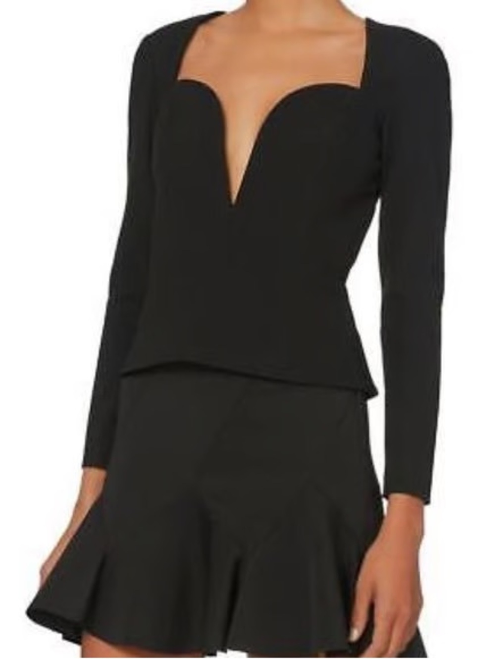 Black Long-Sleeve Peplum Top with Heart-Sweetheart Plunge